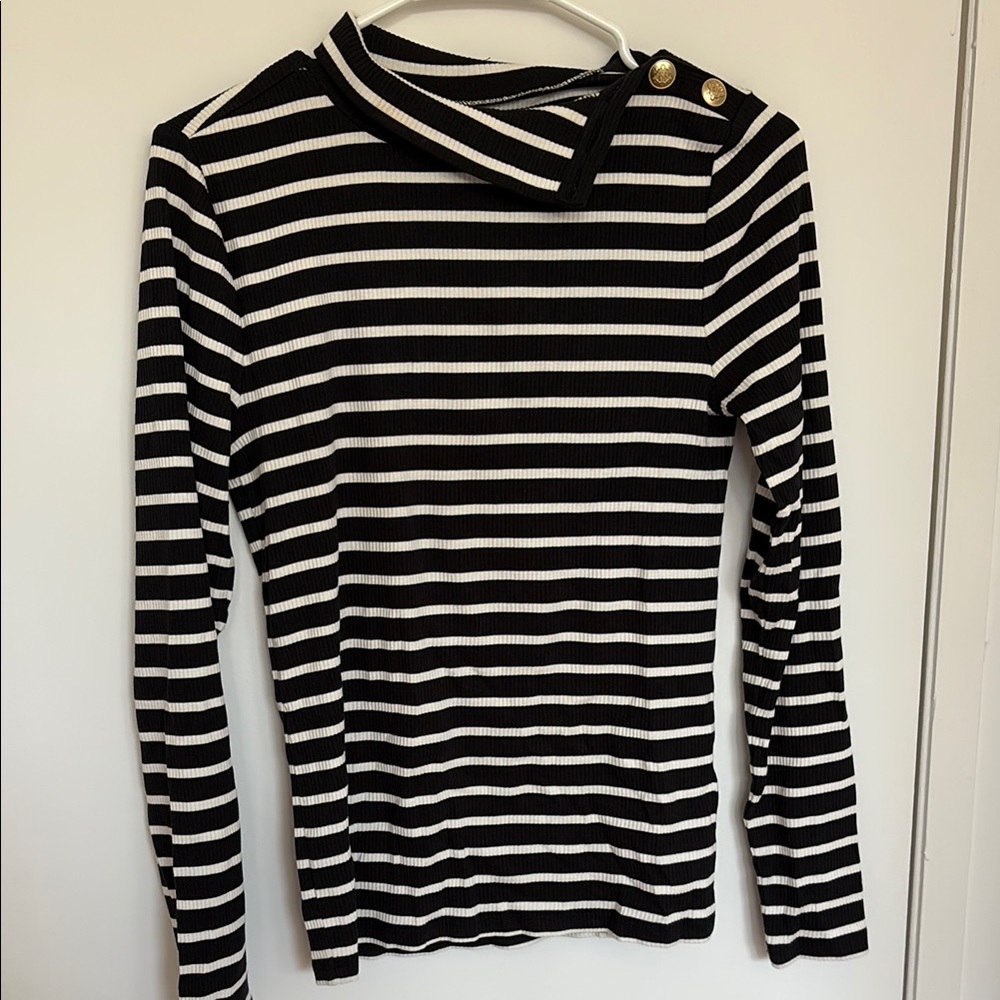 J. Crew Black and White Striped Top with Gold Buttons